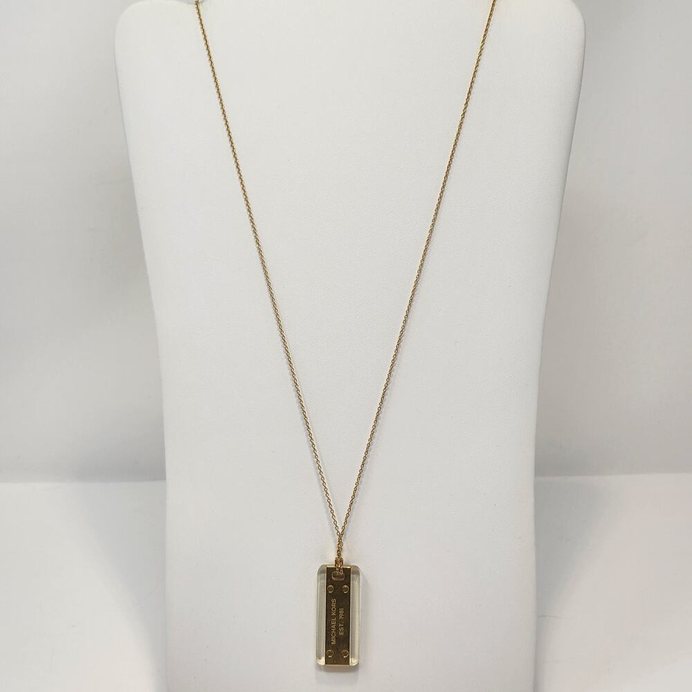 Michael Kors Gold Tone Acetate Logo Dog Tag Pendant Necklace Long Chain Designer - Picture 2 of 6